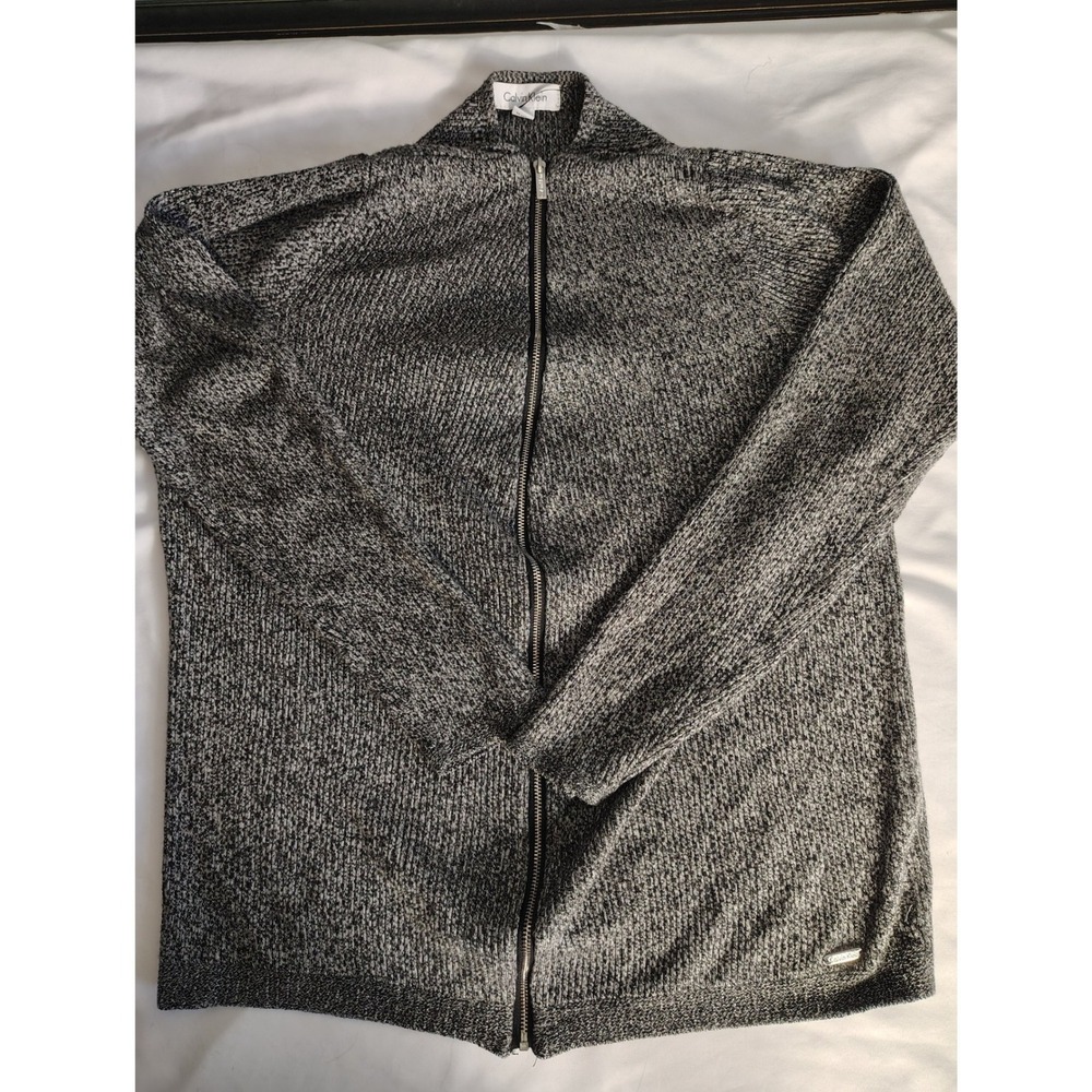 Calvin Klein Womens Black White Marled Full Zip Mock Neck Cardigan Sweater Large
